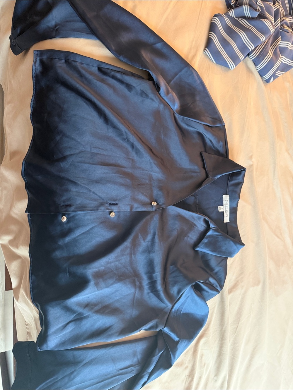 Sweet Rain Navy Satin Button-Front Blazer Shirt